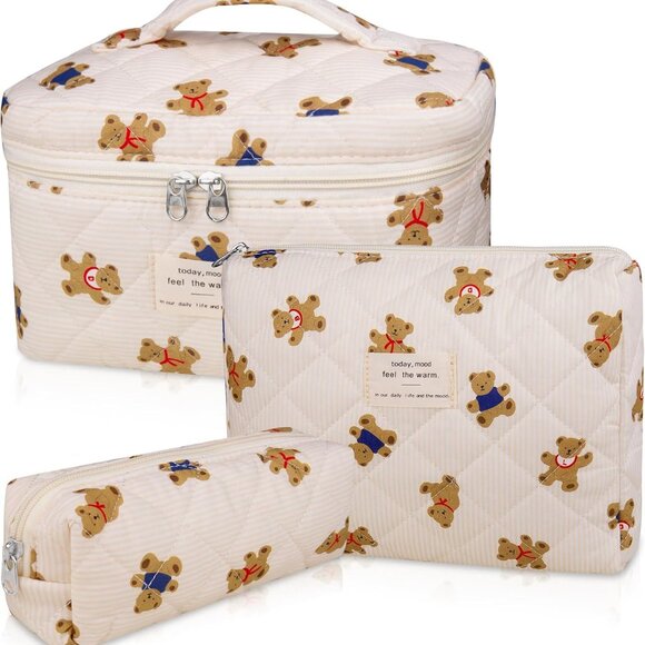 3PC Makeup Bag Set, Quilted Makeup Bag, Large Floral Cosmetic Bag for Women, Cut - Picture 1 of 6